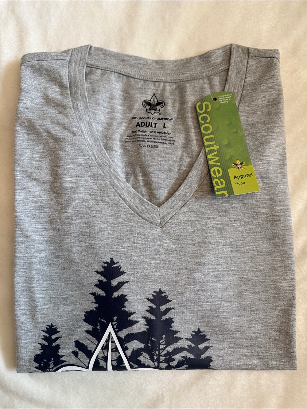 Scouting America Adult V-Neck Tee - Gray with Navy Graphic Size L